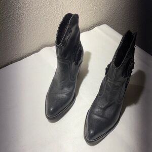 MIA Black Leather Pointed Ankle Booties with Floral Appliqué